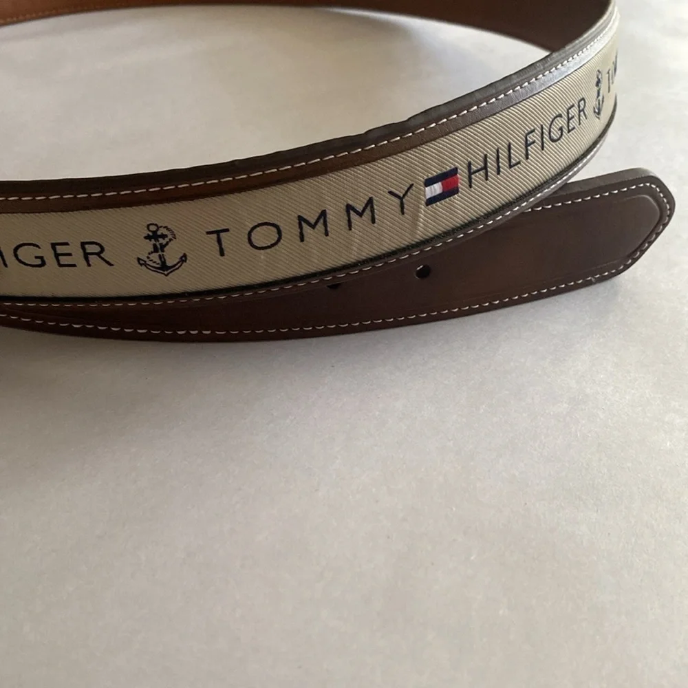 TOMMY HILFIGER Men's Brown Leather Belt Ribbon Logo Contrast Stitching Casual L